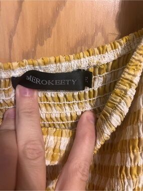 Merokeety Yellow and Cream Smocked Midi Dress